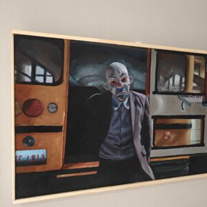 Joker Bank Heist scene original oil painting. Heath Ledger in Bozo mask by Oskari Myllymäki.