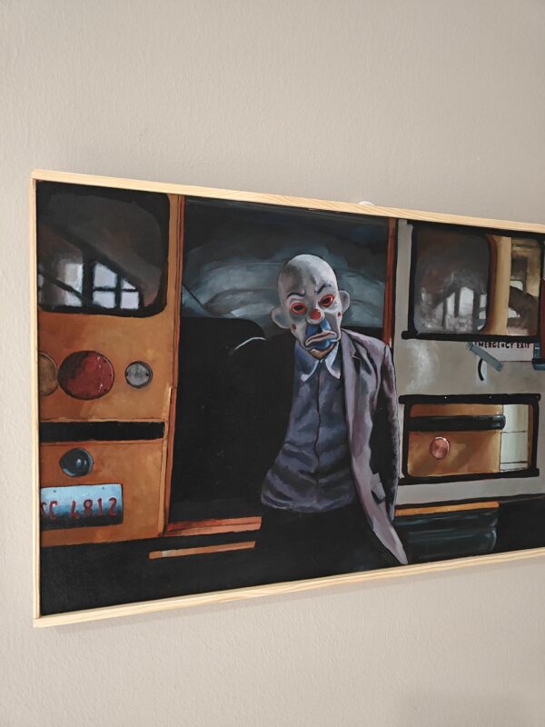 Joker Bank Heist scene original oil painting. Heath Ledger in Bozo mask by Oskari Myllymäki.