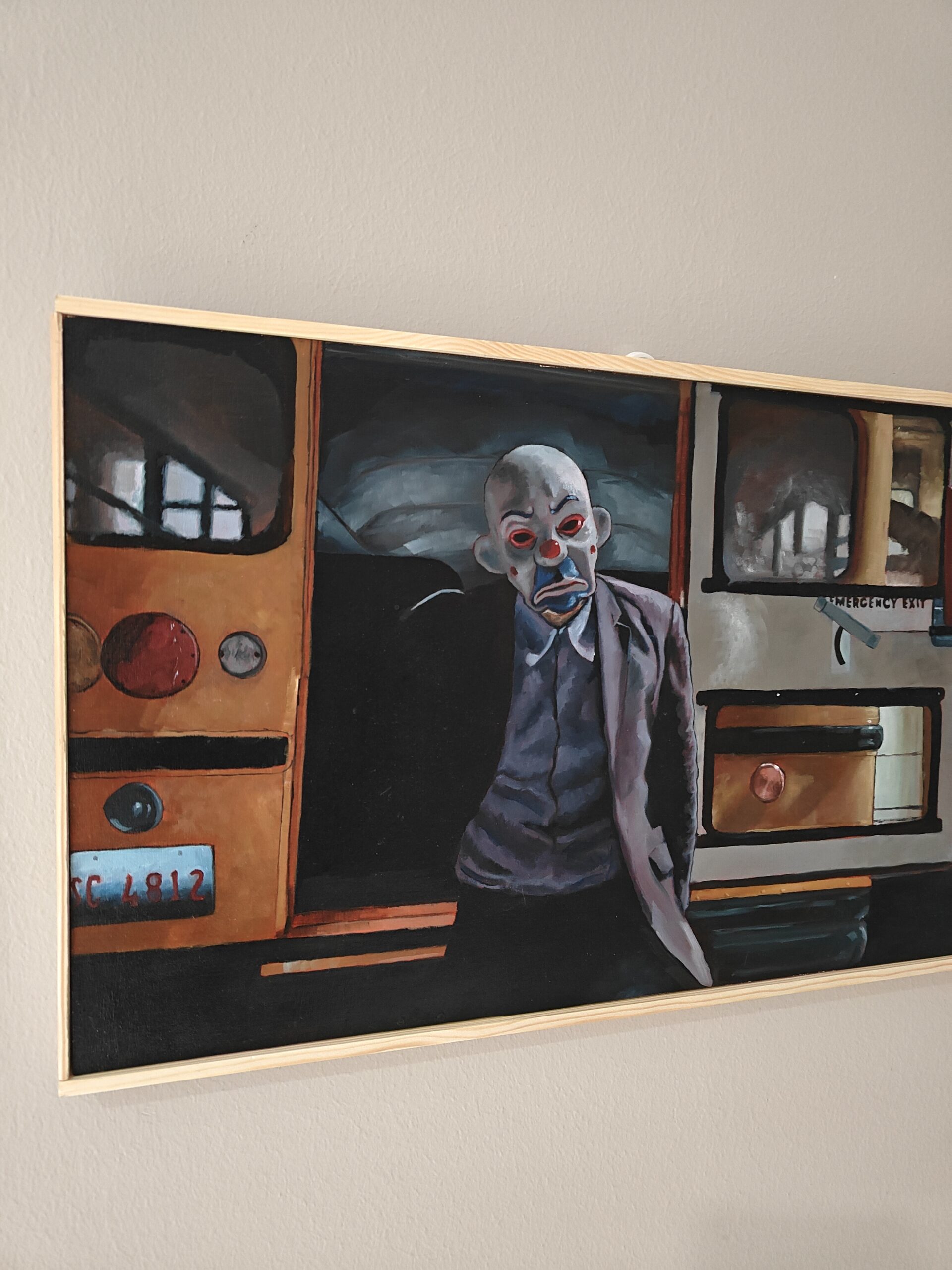 Joker Bank Heist scene original oil painting. Heath Ledger in Bozo mask by Oskari Myllymäki.