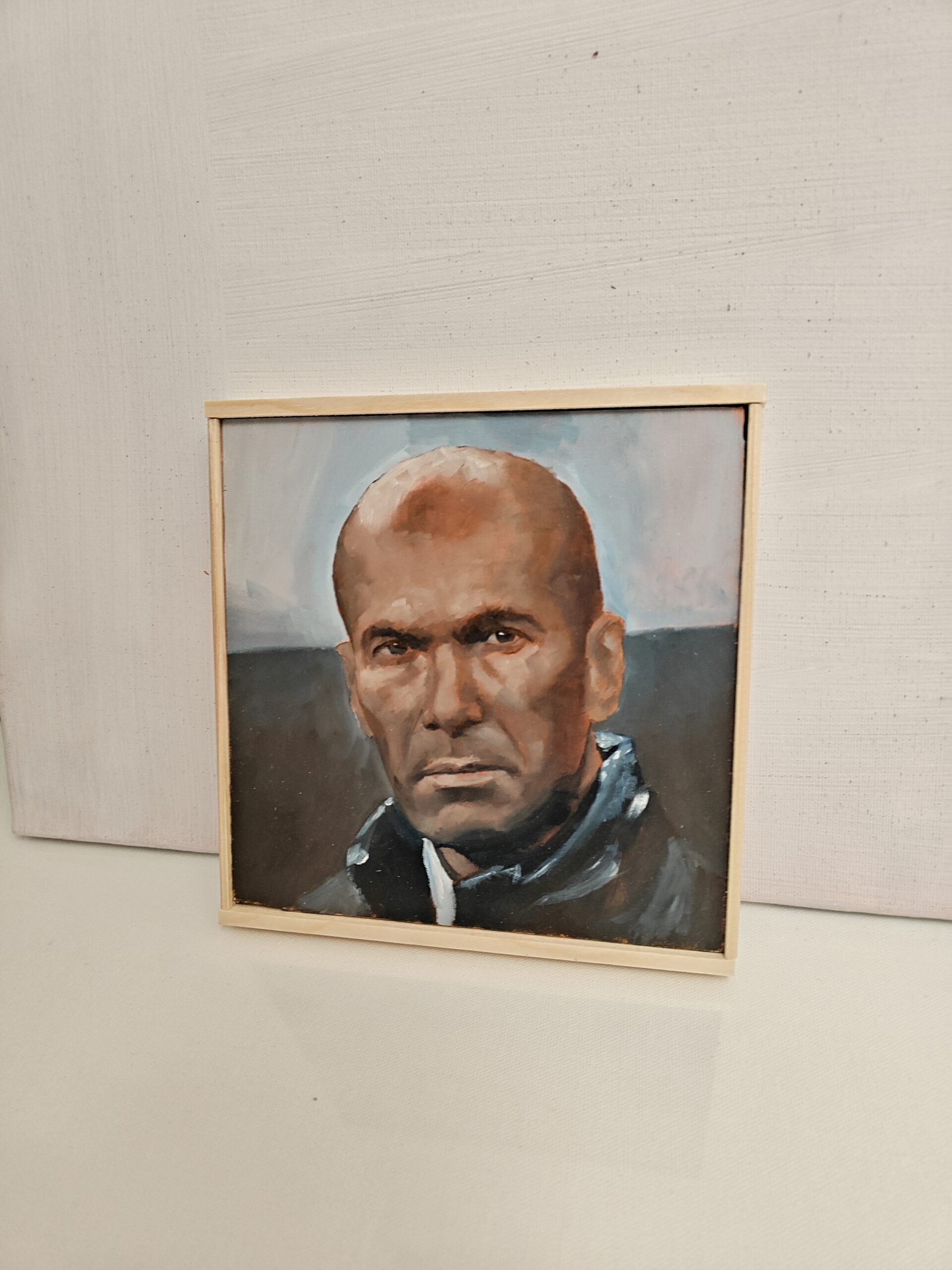 Close-up detail showing the sharp realism and rich oil brushwork on the Zinedine Zidane original oil painting