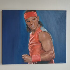 Original Rafael Nadal oil painting on canvas by Oskari Myllymäki, high-fidelity pop culture realism portrait of the tennis legend.