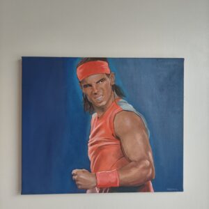 Original Rafael Nadal oil painting by Oskari Myllymäki, capturing the intense celebration and focus of the tennis icon in a dynamic cinematic style.