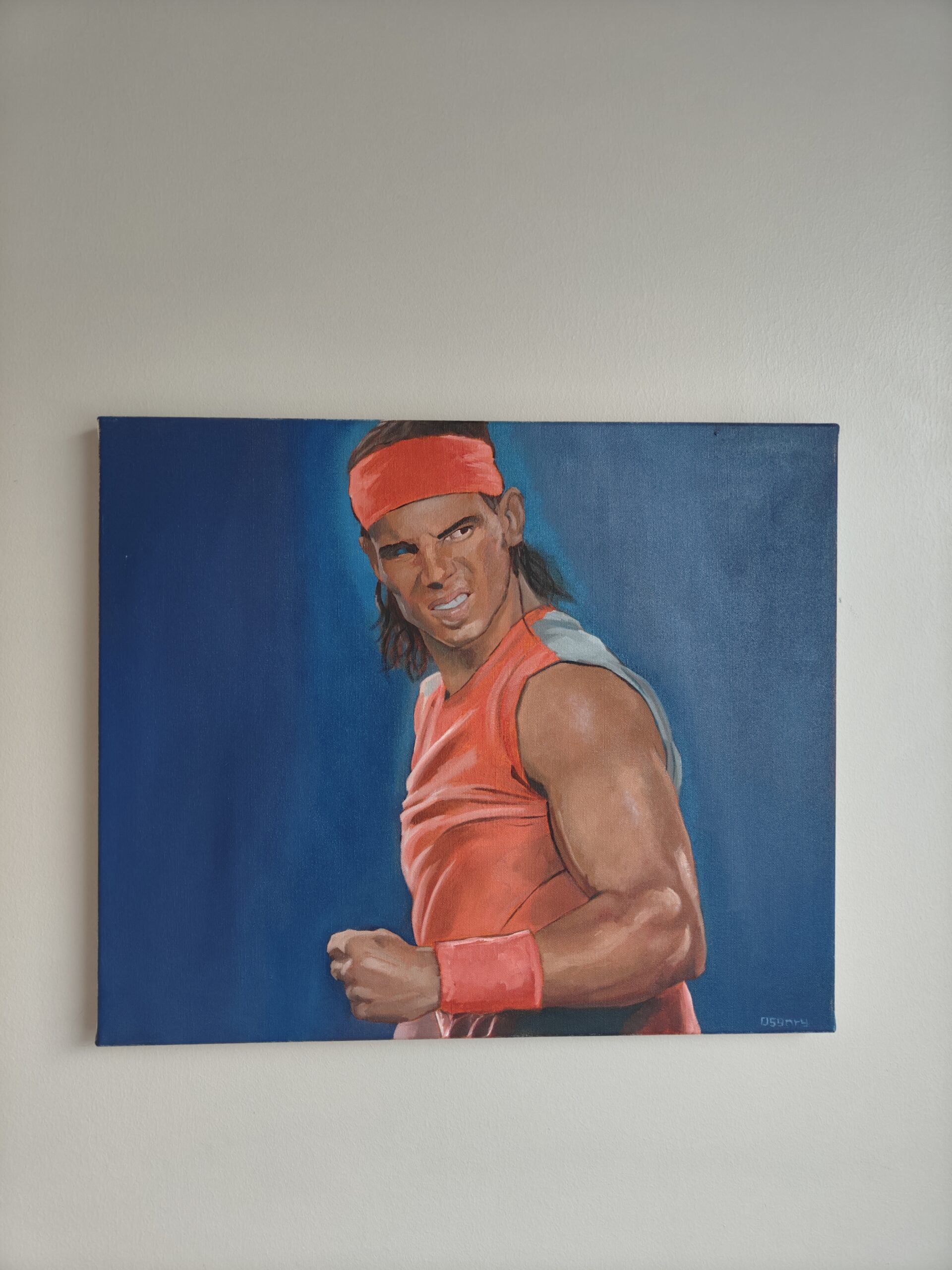 Original Rafael Nadal oil painting by Oskari Myllymäki, capturing the intense celebration and focus of the tennis icon in a dynamic cinematic style.