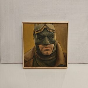 Dystopian Batman art on wood panel. Original 17x17cm oil painting of the Knightmare sequence by Oskari Myllymäki.