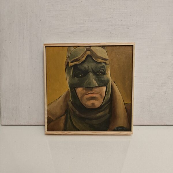 Dystopian Batman art on wood panel. Original 17x17cm oil painting of the Knightmare sequence by Oskari Myllymäki.