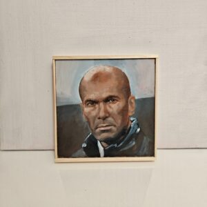 The Zinedine Zidane original oil painting displayed to show the scale of this football fine art piece