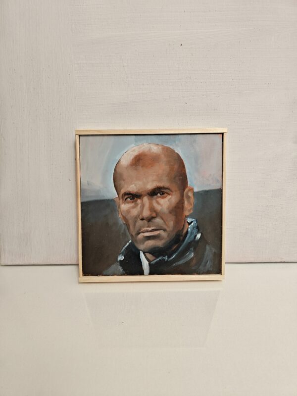 The Zinedine Zidane original oil painting displayed to show the scale of this football fine art piece
