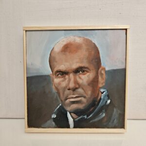 Front view of the 20x20cm Zinedine Zidane original oil painting on a wood panel capturing the football Maestro