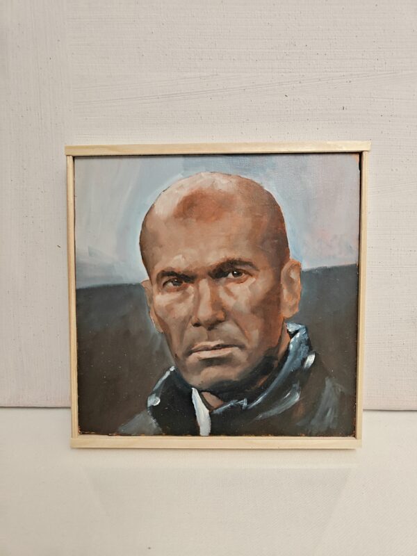 Front view of the 20x20cm Zinedine Zidane original oil painting on a wood panel capturing the football Maestro