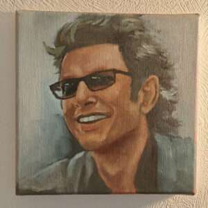 Original oil painting of Jeff Goldblum as Ian Malcolm with sunglasses from Jurassic Park.