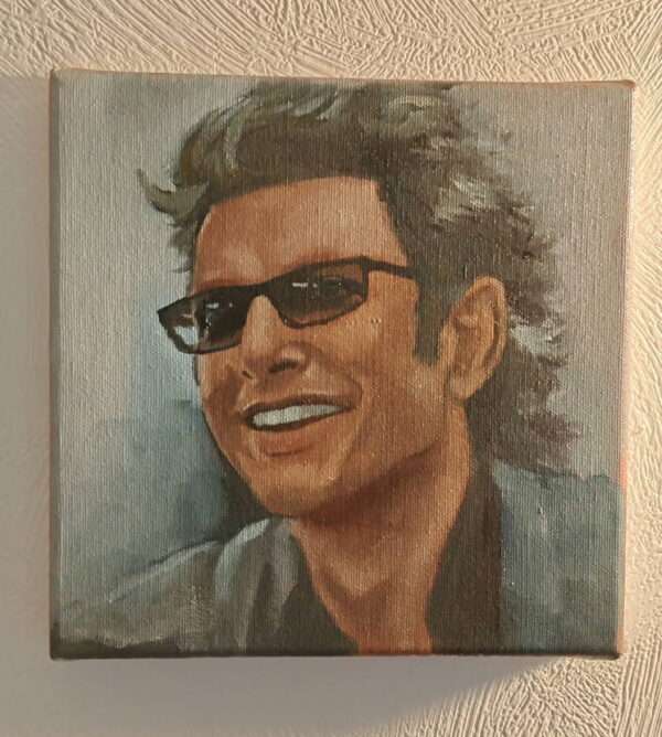 Original oil painting of Jeff Goldblum as Ian Malcolm with sunglasses from Jurassic Park.
