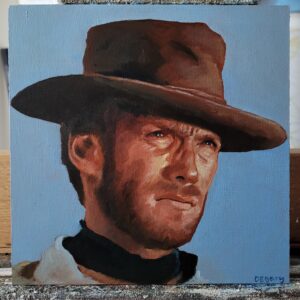 Detailed oil portrait of Blondie (Clint Eastwood) from The Good, The Bad and The Ugly. Cinematic western fine art by Oskari Myllymäki.