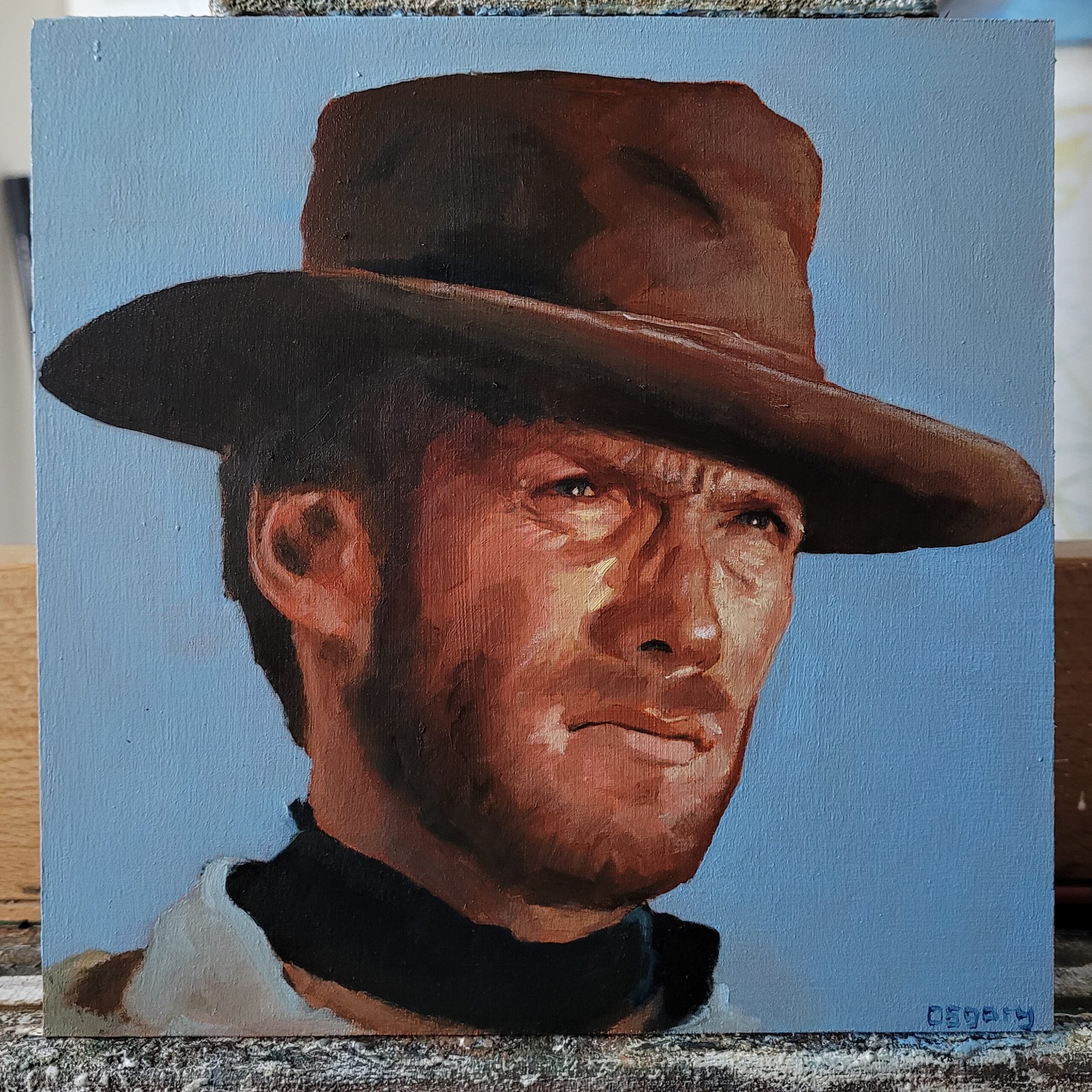 Detailed oil portrait of Blondie (Clint Eastwood) from The Good, The Bad and The Ugly. Cinematic western fine art by Oskari Myllymäki.