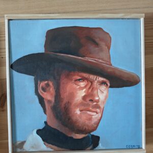 Detailed character study of the Man with No Name in traditional oils on wood panel, high-fidelity pop culture art.