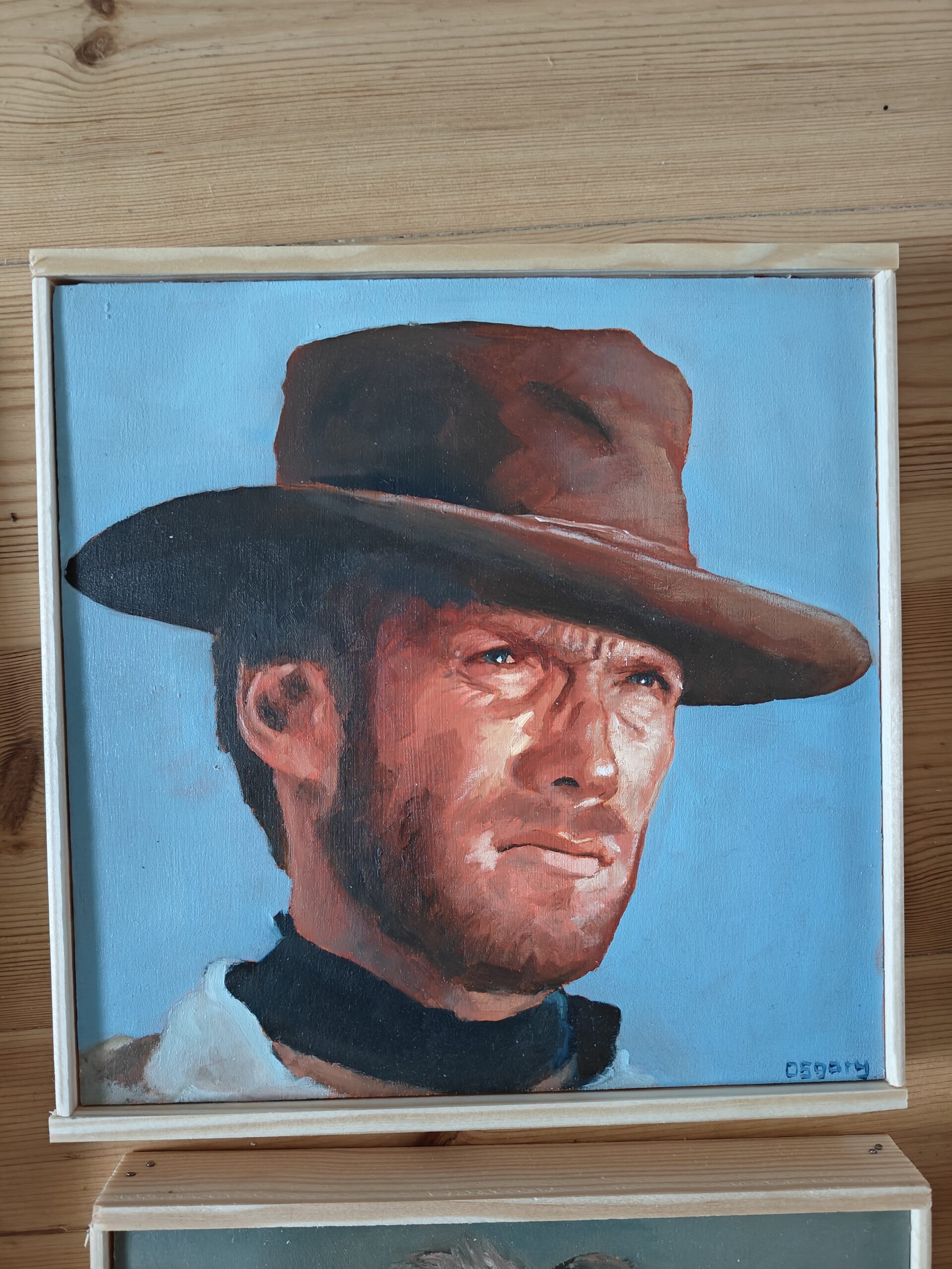 Detailed character study of the Man with No Name in traditional oils on wood panel, high-fidelity pop culture art.
