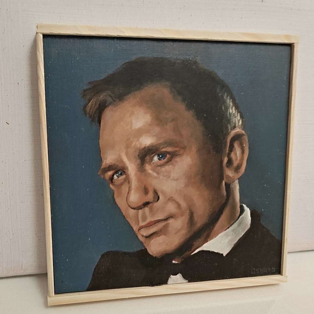 Original James Bond character study in oil on wood panel, displayed as a cinematic fine art collectible.