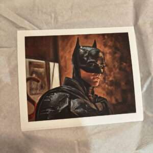 A3 art print of Robert Pattinson as The Batman (2022). High-fidelity reproduction of an original oil painting by Oskari Myllymäki.