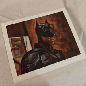 Moody cinematic art print of The Batman (2022). A3 size reproduction of a dark realistic oil painting by Oskari Myllymäki.