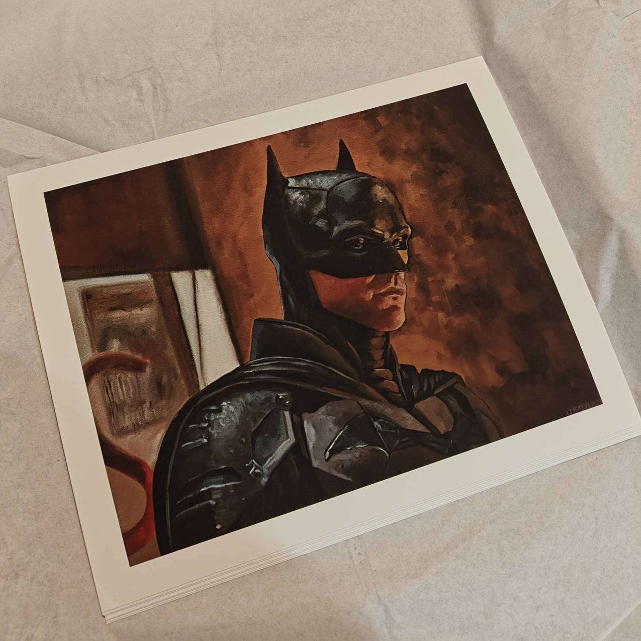 Moody cinematic art print of The Batman (2022). A3 size reproduction of a dark realistic oil painting by Oskari Myllymäki.