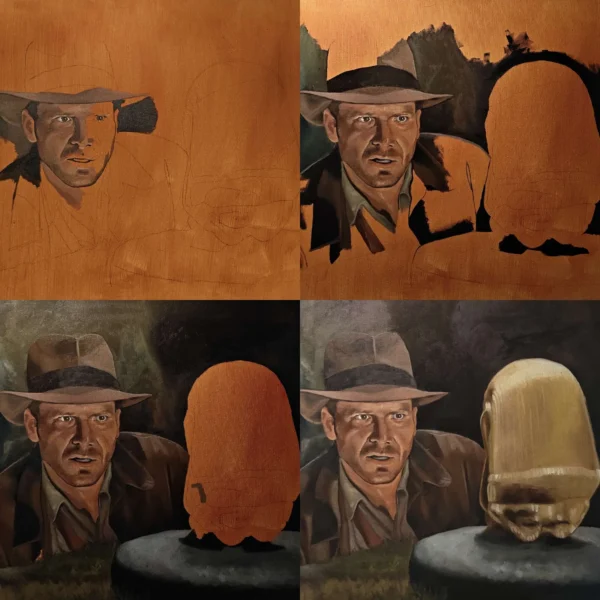 Stages of painting indiana jones oil painting