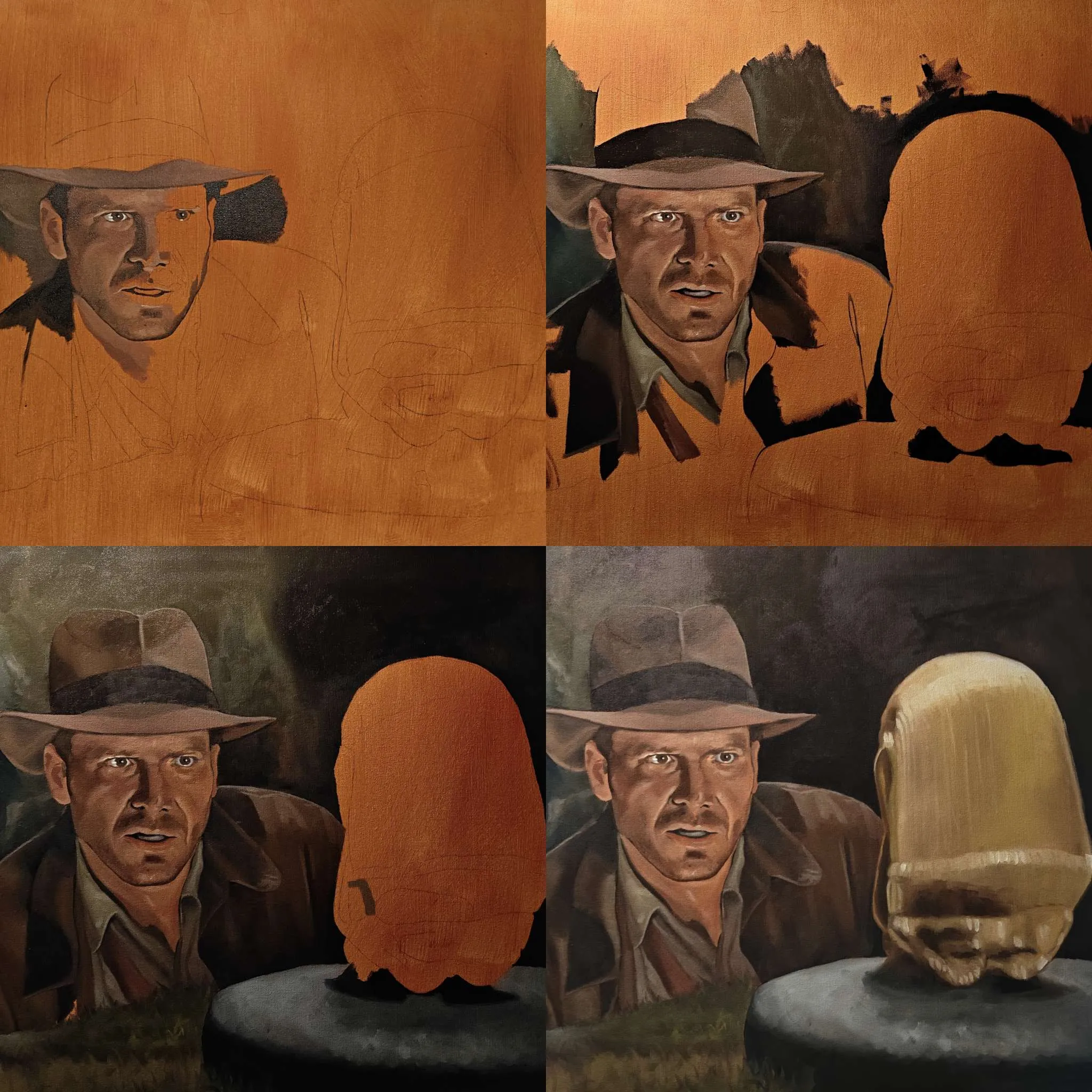 Stages of painting indiana jones oil painting