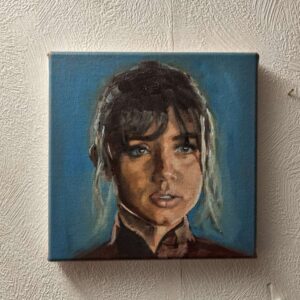 A close-up portrait of the character Joi from Blade Runner 2049, hand-painted with professional Michael Harding oils on a square stretched canvas. The artwork showcases realistic skin tones and soft lighting characteristic of contemporary fine art portraiture.