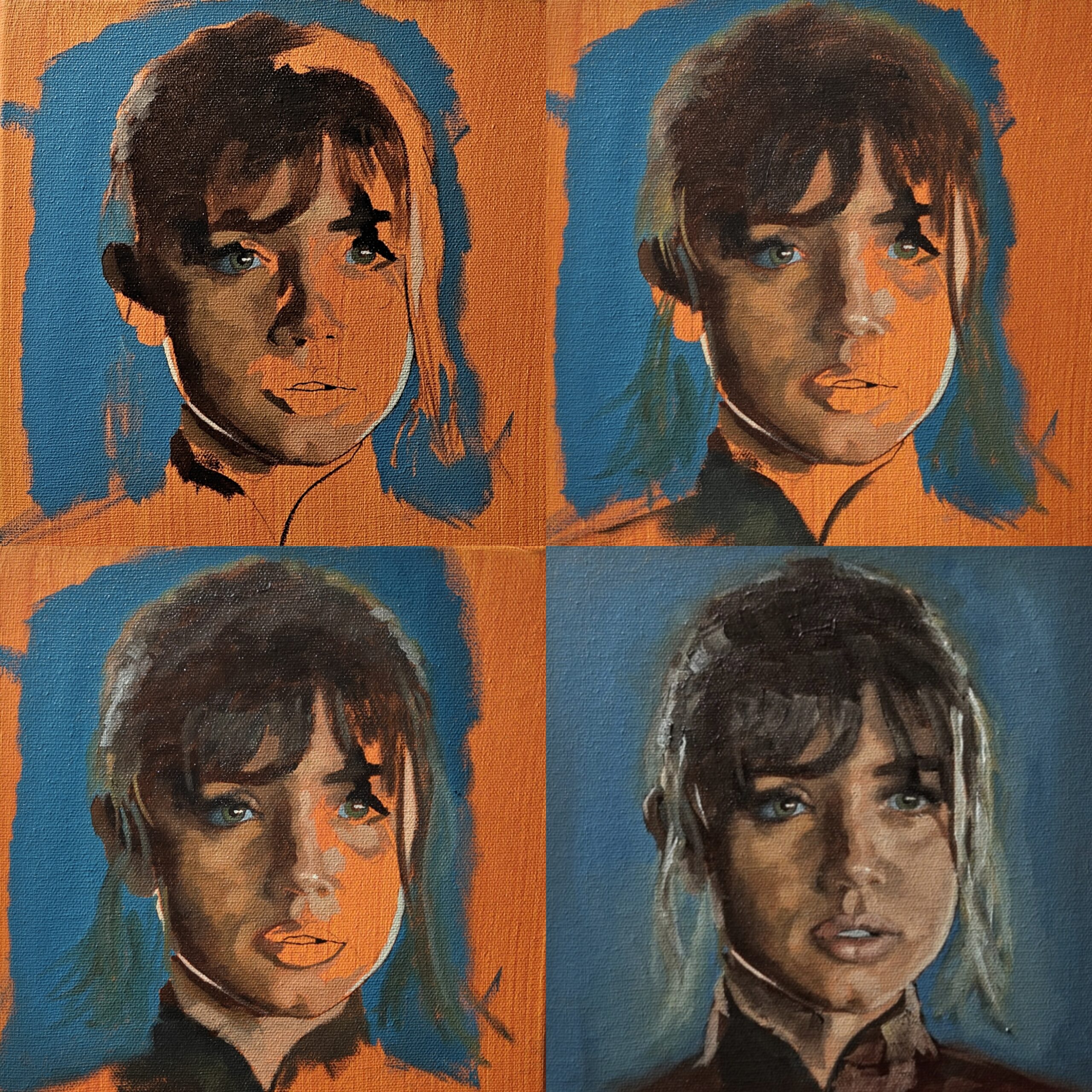 A picture collage showing the stages of painting Ana De Armas from Bladerunner