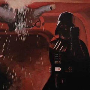 Original oil painting of Darth Vader in the Rogue One hallway scene, red lighting.
