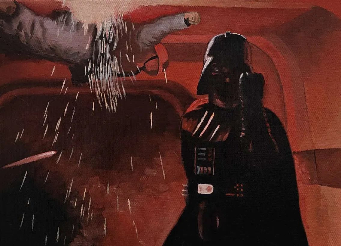 Original oil painting of Darth Vader in the Rogue One hallway scene, red lighting.
