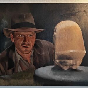 Original oil painting of Indiana Jones staring intensely at the Golden Idol from the opening scene of Raiders of the Lost Ark.