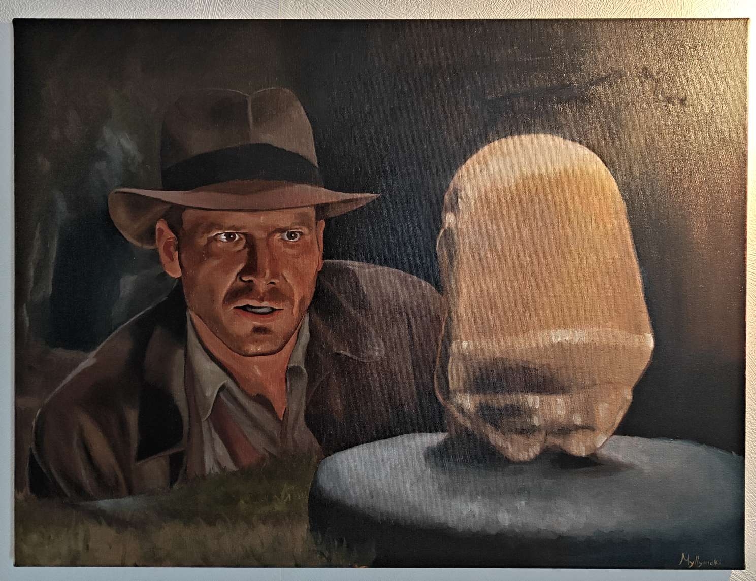 Original oil painting of Indiana Jones staring intensely at the Golden Idol from the opening scene of Raiders of the Lost Ark.