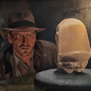 Front view of the monumental 60x80cm Indiana Jones original oil painting on canvas capturing the Golden Idol