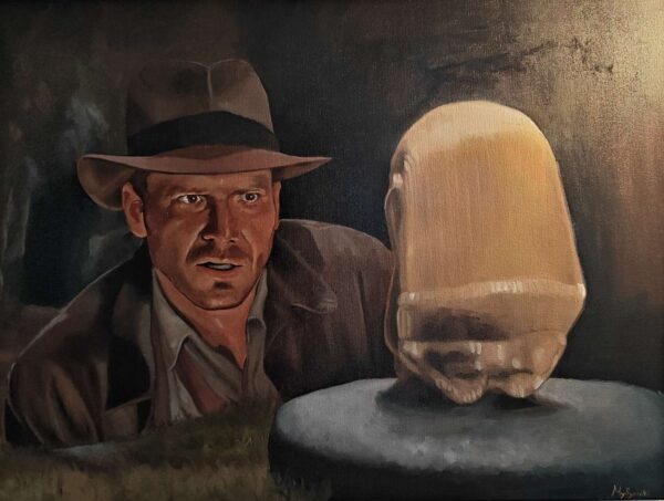 Front view of the monumental 60x80cm Indiana Jones original oil painting on canvas capturing the Golden Idol
