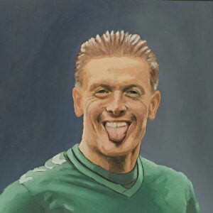 Original oil painting of Jordan Pickford. Portrait of the Everton goalkeeper screaming with tongue out, painted on wood panel.