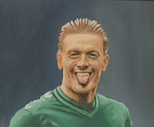 Original oil painting of Jordan Pickford. Portrait of the Everton goalkeeper screaming with tongue out, painted on wood panel.