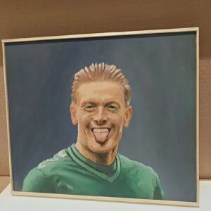 Angled view of Jordan Pickford painting. Unvarnished oil texture showing the green Hummel goalkeeper kit.