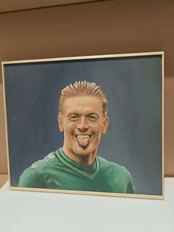 Angled view of Jordan Pickford painting. Unvarnished oil texture showing the green Hummel goalkeeper kit.