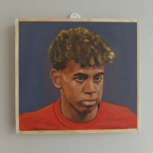Oil painting of Lamine Yamal in Spain national team. Painted on wooden panel with Michael Harding oils