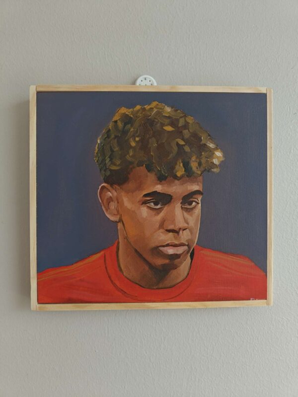 Oil painting of Lamine Yamal in Spain national team. Painted on wooden panel with Michael Harding oils