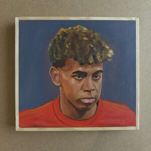 Front view of the 20x20cm Lamine Yamal original oil painting hanging on a studio wall