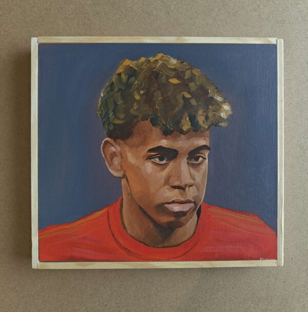 Front view of the 20x20cm Lamine Yamal original oil painting hanging on a studio wall
