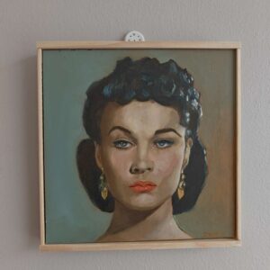Close-up of a Scarlett O'Hara oil painting showing the texture of Michael Harding oils on a hand-primed wood panel.