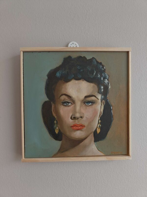 Close-up of a Scarlett O'Hara oil painting showing the texture of Michael Harding oils on a hand-primed wood panel.