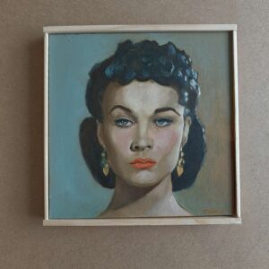 Detailed oil portrait of Vivien Leigh as Scarlett O'Hara from Gone with the Wind on a wood panel.