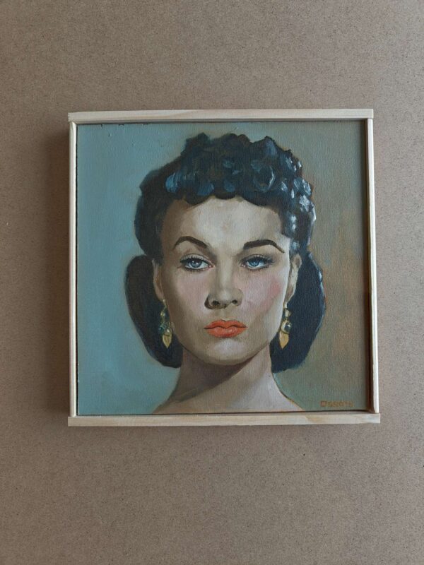 Detailed oil portrait of Vivien Leigh as Scarlett O'Hara from Gone with the Wind on a wood panel.
