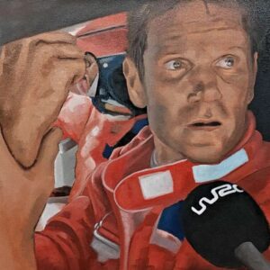 Detailed close up oil on canvas portrait of rally driver Marcus Grönholm in a red Peugeot racing suit, capturing his famous expression of disbelief during the 2004 Rally