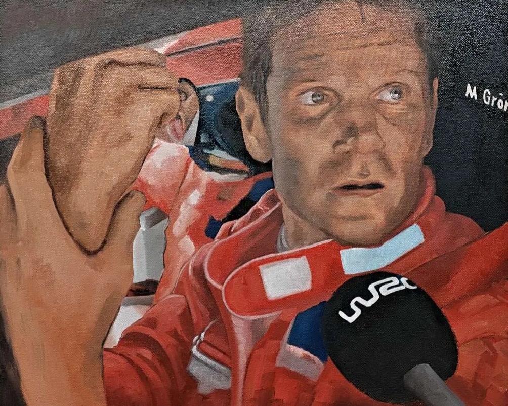 Detailed close up oil on canvas portrait of rally driver Marcus Grönholm in a red Peugeot racing suit, capturing his famous expression of disbelief during the 2004 Rally