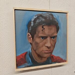 Corner detail of the bespoke wood floater frame housing the Superman original oil painting
