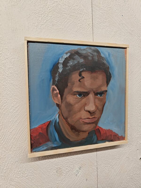 Corner detail of the bespoke wood floater frame housing the Superman original oil painting