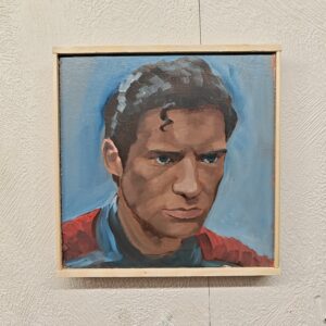 Front view of the 20x20 cm Superman original oil painting on wood panel